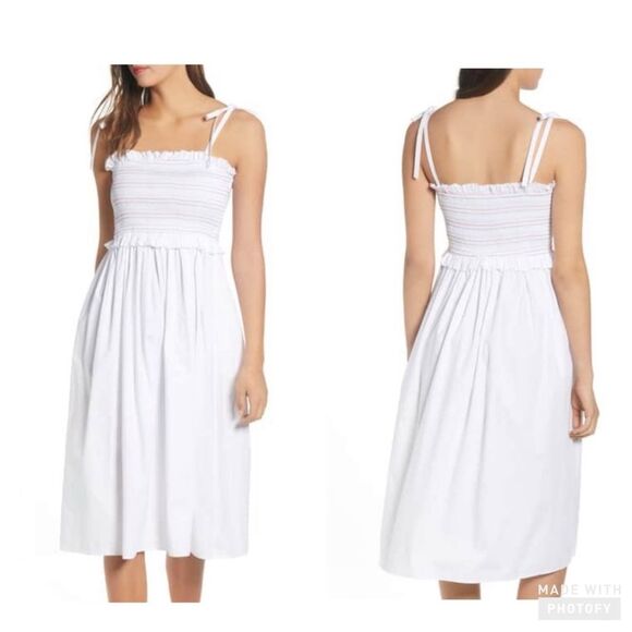 English Factory Smocked White Rainbow Midi Dress W/Pockets Adjustable Ties Sz M - Picture 1 of 16